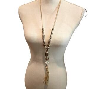 Chico's Necklace Chicos Gold Tone Beads Faux Leather Tassel Boho 32" SKU1617